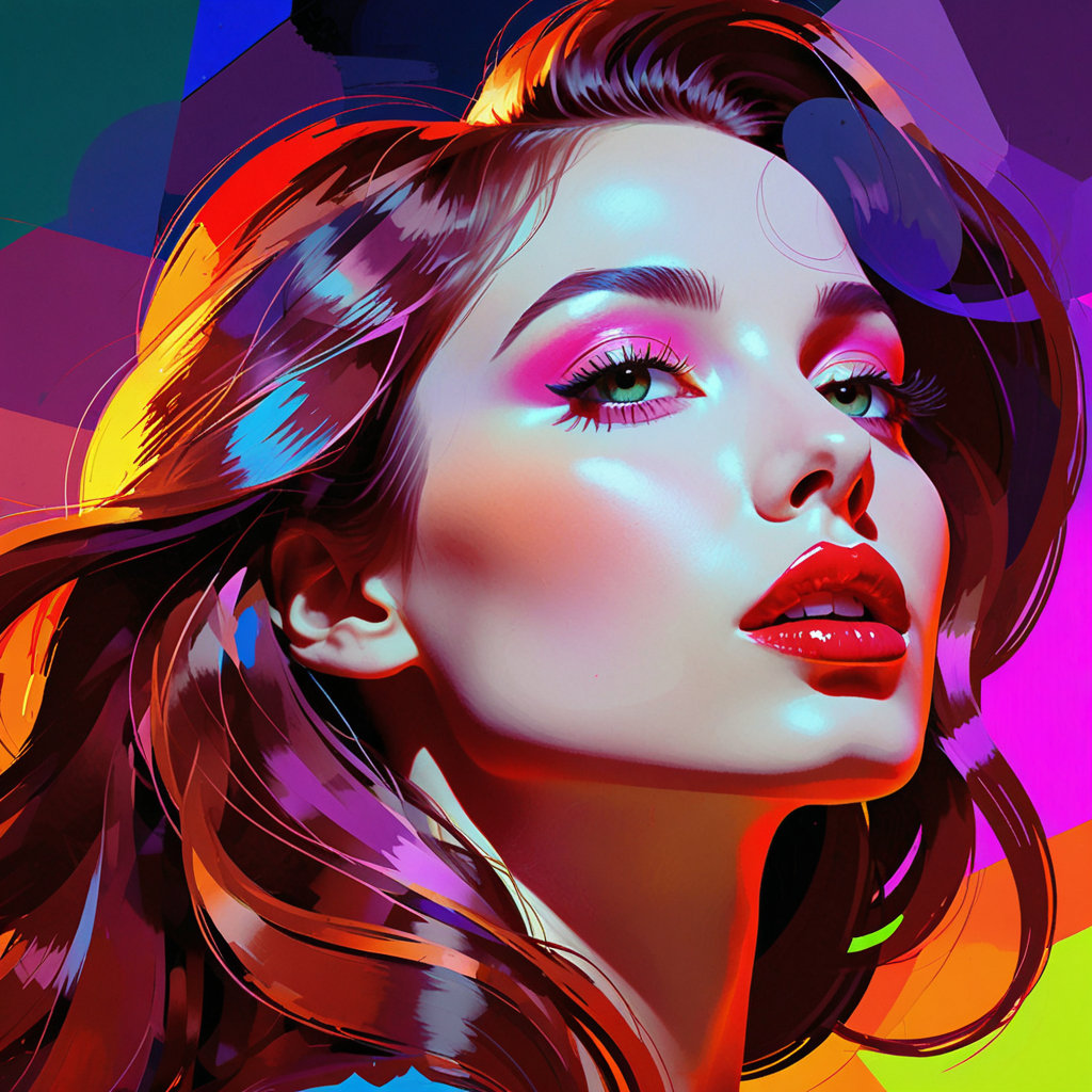 A stunning, highly stylized digital painting of a woman's profile, looking upwards and to the right. Her features are elegantly rendered with sharp definition, particularly her almond-shaped eye with long lashes and full, sensuous lips painted in a striking red. Her long hair flows dynamically around her head and shoulders, suggesting motion. The color palette is intensely vibrant and neon, dominated by fiery oranges, deep reds, electric blues, radiant purples, and touches of bright green and yellow, all blending seamlessly with a high degree of saturation. The lighting is dramatic and evocative, highlighting her face with brilliant hues and casting dynamic shadows. The background features abstract, geometric patterns and subtle halftone dots, adding to the digital and futuristic aesthetic. The overall technique is reminiscent of pop art and digital illustration, with clean lines and bold color blocking, yet possessing a painterly quality through subtle texture and brushstroke suggestions. The composition is vertical, emphasizing her upward gaze and the flow of her hair.Color Saturation: Maximize color saturation to 100%.
Luminosity: Boost luminosity in the highlights to create an almost glowing effect.
Contrast: Enhance color contrast significantly, making each hue pop against its neighbors.
Neon Glow: Apply a subtle neon glow effect to the dominant colors (reds, oranges, blues, purples).Vibrant Blending: Ensure smooth, yet distinct, transitions between the vibrant color gradients.Dynamic Range: Expand the dynamic range of colors to achieve the widest possible spectrum of bright and intense hues.