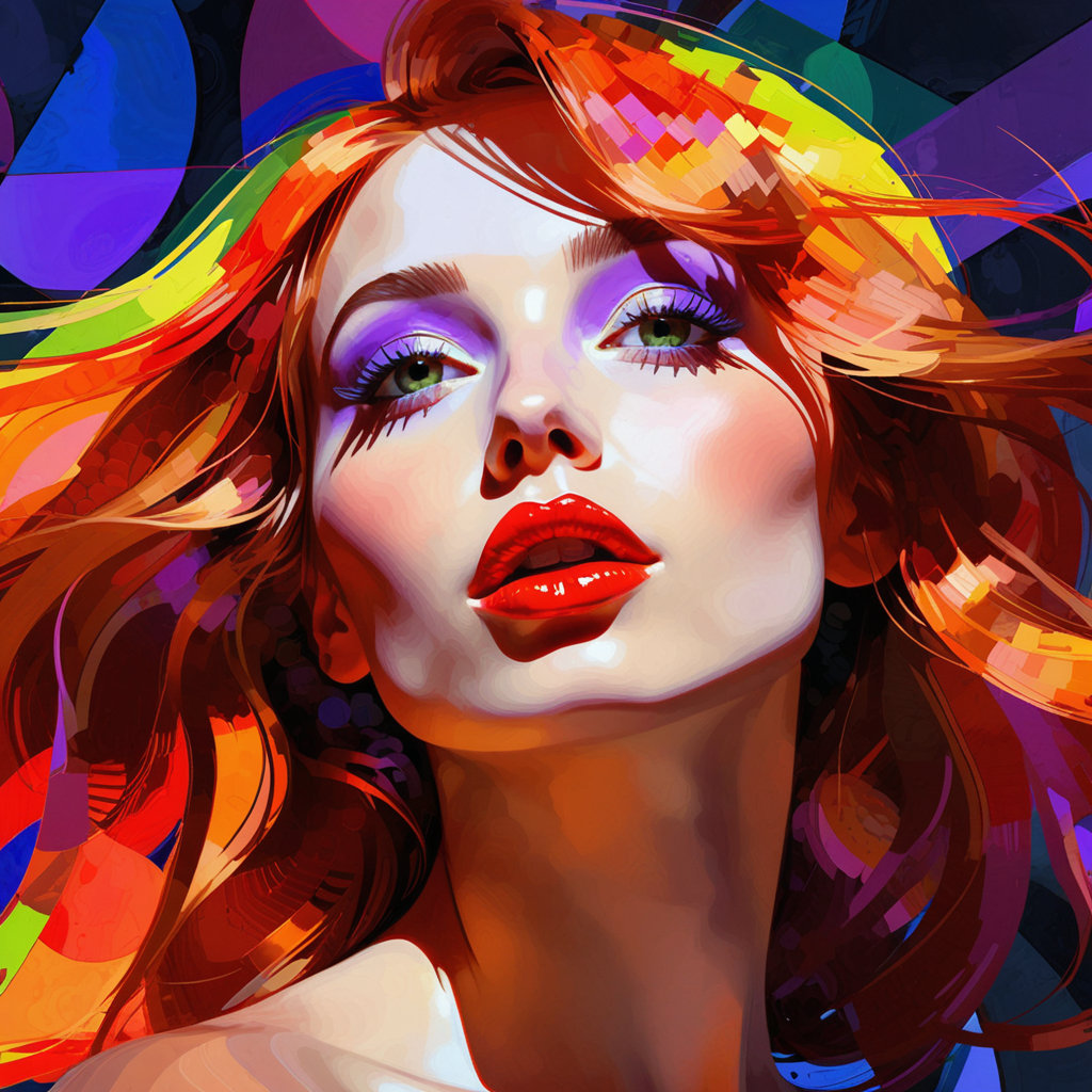 A stunning, highly stylized digital painting of a woman's profile, looking upwards and to the right. Her features are elegantly rendered with sharp definition, particularly her almond-shaped eye with long lashes and full, sensuous lips painted in a striking red. Her long hair flows dynamically around her head and shoulders, suggesting motion. The color palette is intensely vibrant and neon, dominated by fiery oranges, deep reds, electric blues, radiant purples, and touches of bright green and yellow, all blending seamlessly with a high degree of saturation. The lighting is dramatic and evocative, highlighting her face with brilliant hues and casting dynamic shadows. The background features abstract, geometric patterns and subtle halftone dots, adding to the digital and futuristic aesthetic. The overall technique is reminiscent of pop art and digital illustration, with clean lines and bold color blocking, yet possessing a painterly quality through subtle texture and brushstroke suggestions. The composition is vertical, emphasizing her upward gaze and the flow of her hair.Color Saturation: Maximize color saturation to 100%.
Luminosity: Boost luminosity in the highlights to create an almost glowing effect.
Contrast: Enhance color contrast significantly, making each hue pop against its neighbors.
Neon Glow: Apply a subtle neon glow effect to the dominant colors (reds, oranges, blues, purples).Vibrant Blending: Ensure smooth, yet distinct, transitions between the vibrant color gradients.Dynamic Range: Expand the dynamic range of colors to achieve the widest possible spectrum of bright and intense hues.