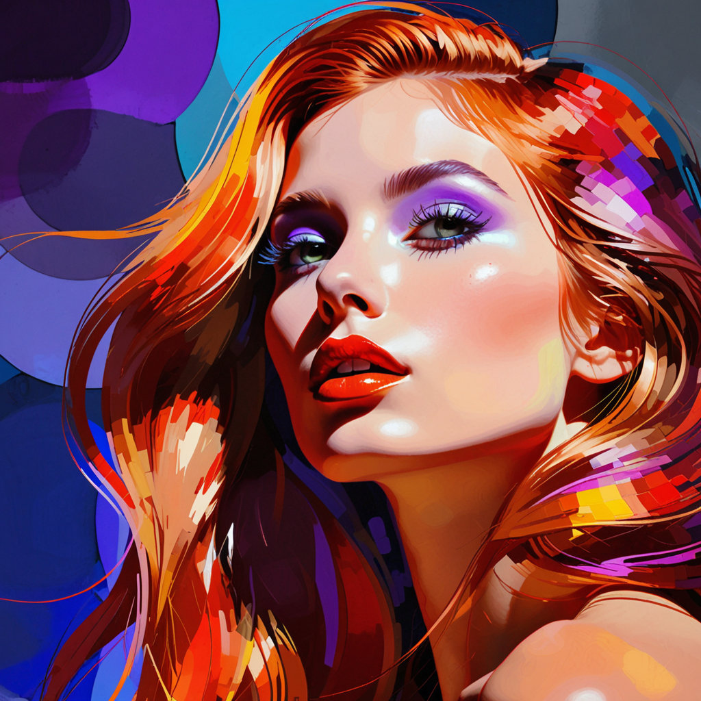 A stunning, highly stylized digital painting of a woman's profile, looking upwards and to the right. Her features are elegantly rendered with sharp definition, particularly her almond-shaped eye with long lashes and full, sensuous lips painted in a striking red. Her long hair flows dynamically around her head and shoulders, suggesting motion. The color palette is intensely vibrant and neon, dominated by fiery oranges, deep reds, electric blues, radiant purples, and touches of bright green and yellow, all blending seamlessly with a high degree of saturation. The lighting is dramatic and evocative, highlighting her face with brilliant hues and casting dynamic shadows. The background features abstract, geometric patterns and subtle halftone dots, adding to the digital and futuristic aesthetic. The overall technique is reminiscent of pop art and digital illustration, with clean lines and bold color blocking, yet possessing a painterly quality through subtle texture and brushstroke suggestions. The composition is vertical, emphasizing her upward gaze and the flow of her hair.Color Saturation: Maximize color saturation to 100%.
Luminosity: Boost luminosity in the highlights to create an almost glowing effect.
Contrast: Enhance color contrast significantly, making each hue pop against its neighbors.
Neon Glow: Apply a subtle neon glow effect to the dominant colors (reds, oranges, blues, purples).Vibrant Blending: Ensure smooth, yet distinct, transitions between the vibrant color gradients.Dynamic Range: Expand the dynamic range of colors to achieve the widest possible spectrum of bright and intense hues.