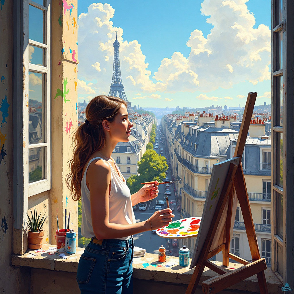 A young female artist stands on the balcony of a Parisian building with a palette and brush in her hands, painting a cityscape. Around her is artistic chaos: tubes of paint, canvases, and bright brushstrokes on the walls. In the background is a panoramic view of Paris bathed in sunlight. The atmosphere is creative, inspiring, and joyful. The painting is in a realistic oil style with vivid colors, dynamic brushstrokes, and a bright, cheerful mood.