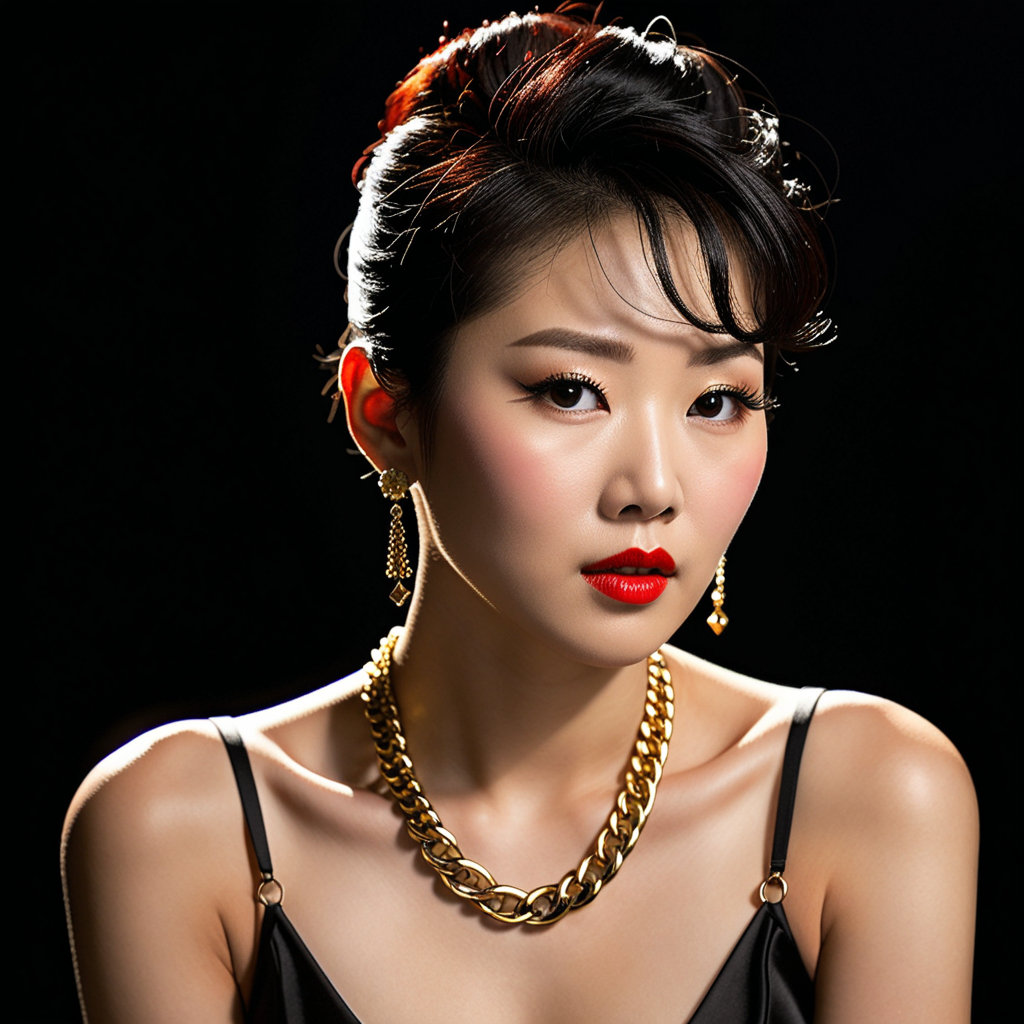 A dramatic studio portrait photograph captures a glamorous Korean woman, showcasing her striking beauty and elegance. Her dark, smoky eyes are accentuated by precisely defined eyebrows and bold red lipstick, framing a sophisticated updo with side-swept bangs and a large gold chain necklace gracefully resting on her décolletage, as she gently adjusts a stray strand of hair in a three-quarter view pose. A softly blurred, dark gradient backdrop subtly enhances the contrast, subtly drawing focus to "the exquisite beauty", while carefully placed spotlights highlight her flawless skin and sculpted cheekbones. The chiaroscuro lighting emphasizes the interplay of light and shadow, creating a captivating and timeless atmosphere. words below say, GOLD DIGGER.