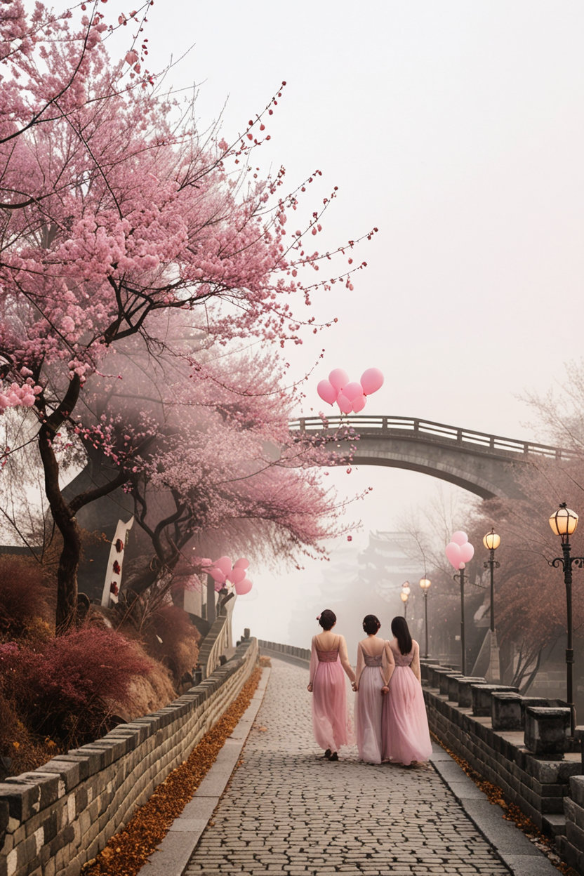 S-shaped road in Bixi Village stretching into Erhai Lake, intertwined Couple Tree branches, pink balloons floating in morning mist, Japanese minimalist color palette, low-angle shot for depth; Xing Sheng Bridge with European arches and Bai 族 golden-winged roc totems, vintage dress girl overlooking at dusk, Parisian ambiance